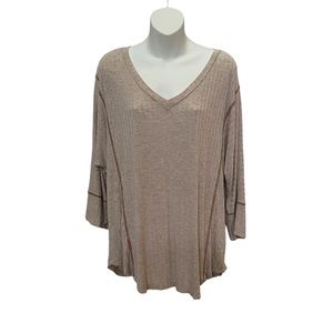 V-neck ribbed, tan top with brown stitching